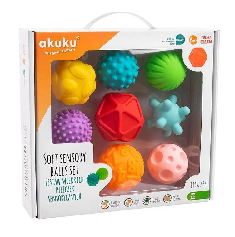 Miękkie piłki sensoryczne różne kształty i dźwięki Akuku