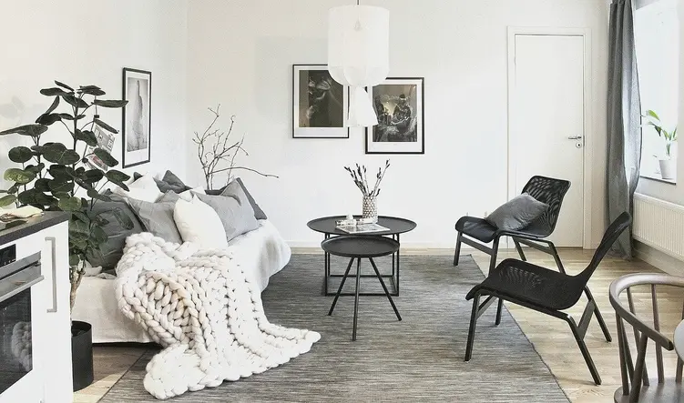 widok na biały salon z czarnymi meblami: stoliki kawowe, dwa fotele, po lewej kanapa z szarymi poduszkami, przykryta grubym, białym kocem.