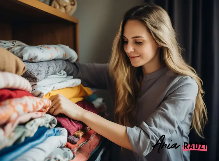 Kobieta układająca rzeczy w szafie i robiąca porządek w ubraniach