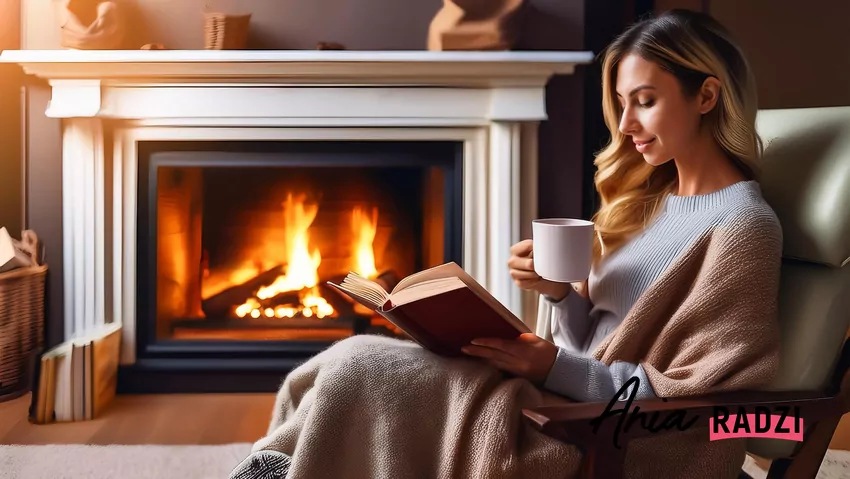 kobieta relaksuje się przy kominku