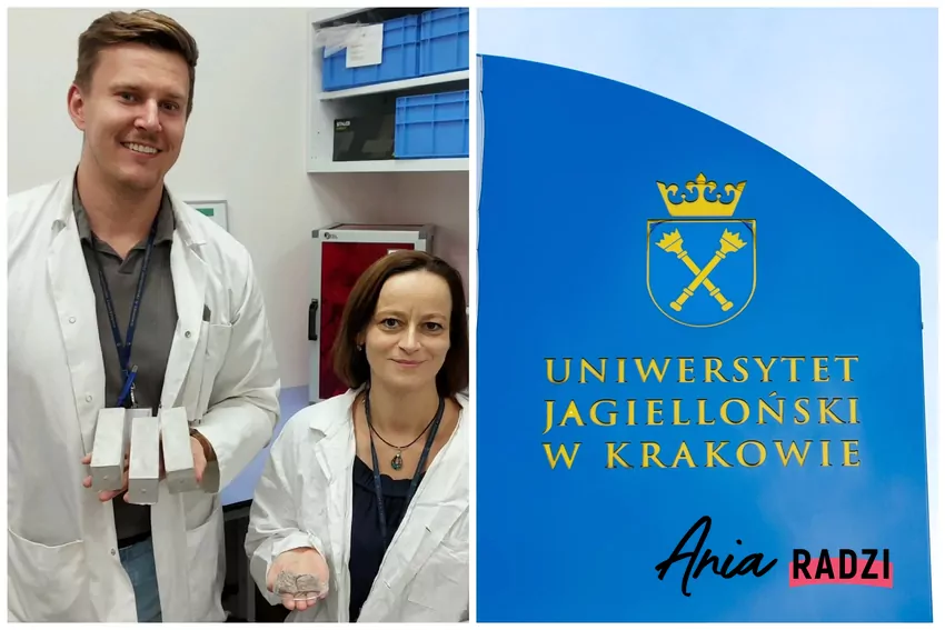 Naukowy z UJ prezentują swój wynalazek naukowcy z Uniwersytetu Jagiellońskiego, ekologiczny beton