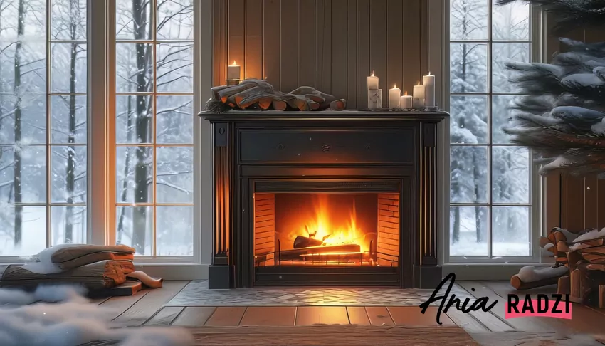 Rozpalony kominek z drewnem liściastym – grab i buk należą do najbardziej energetycznych gatunków zima, rozpalony kominek