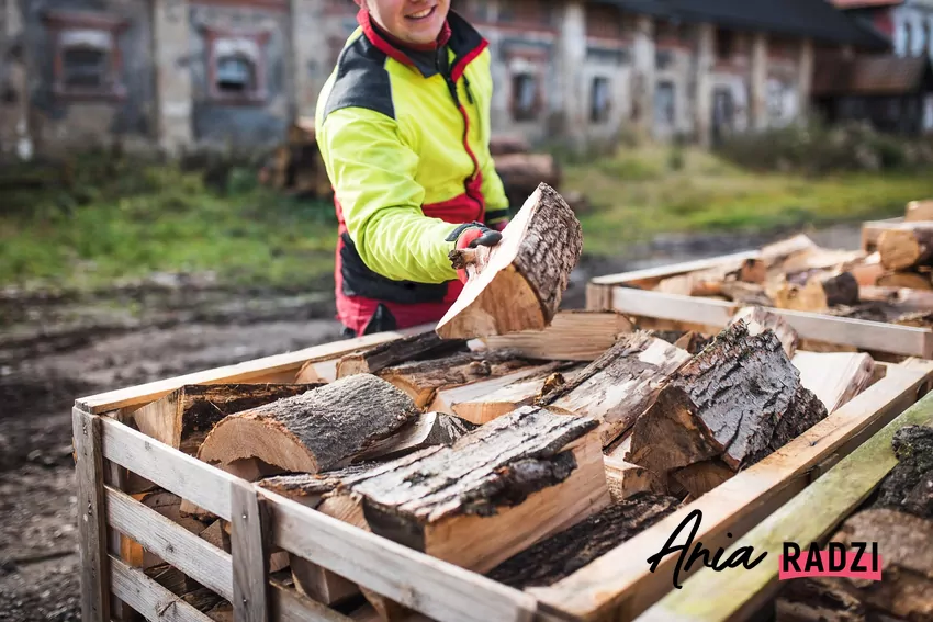 Mężczyzna trzyma drewno opałowe