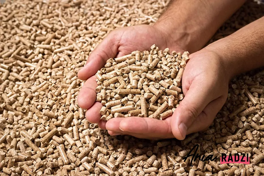 Piece na pellet można czasem montować w mieszkaniach Dłonie trzymające granulki pelletu