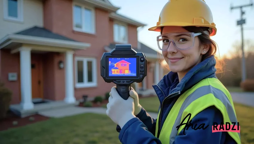 Kobieta trzyma w dłoni urządzenie termowizyjne do badania domu