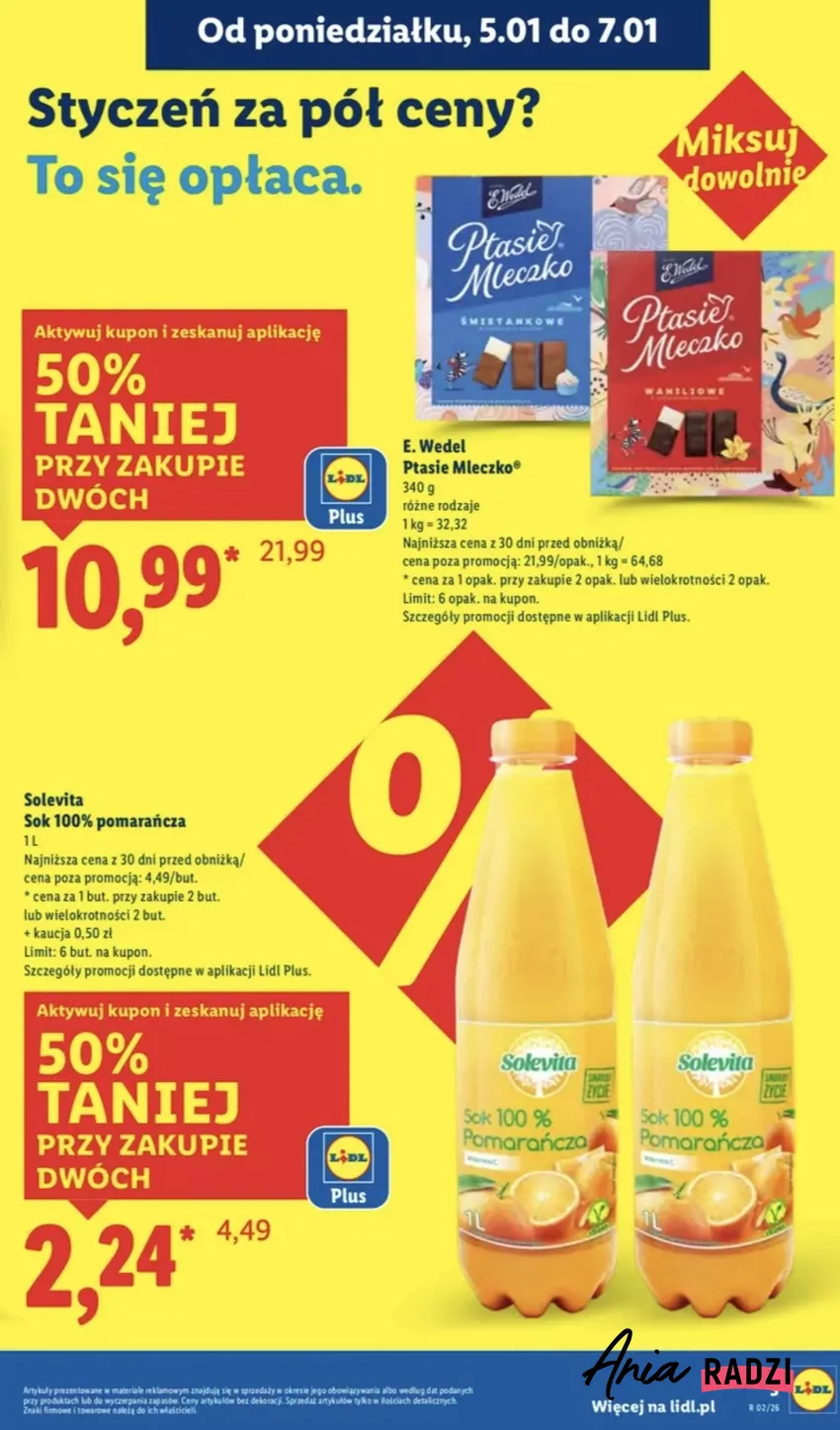 Sok pomarańczowy 100% jest objęty promocją 50% taniej przy zakupie 2 Promocje w Lidlu
