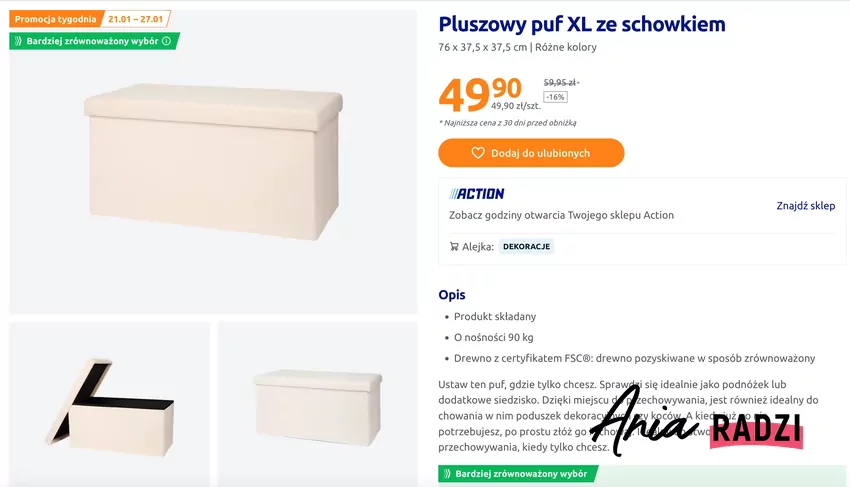 Pluszowy puf XL ze schowkiem, fot. www.action.com/pl Puf Action